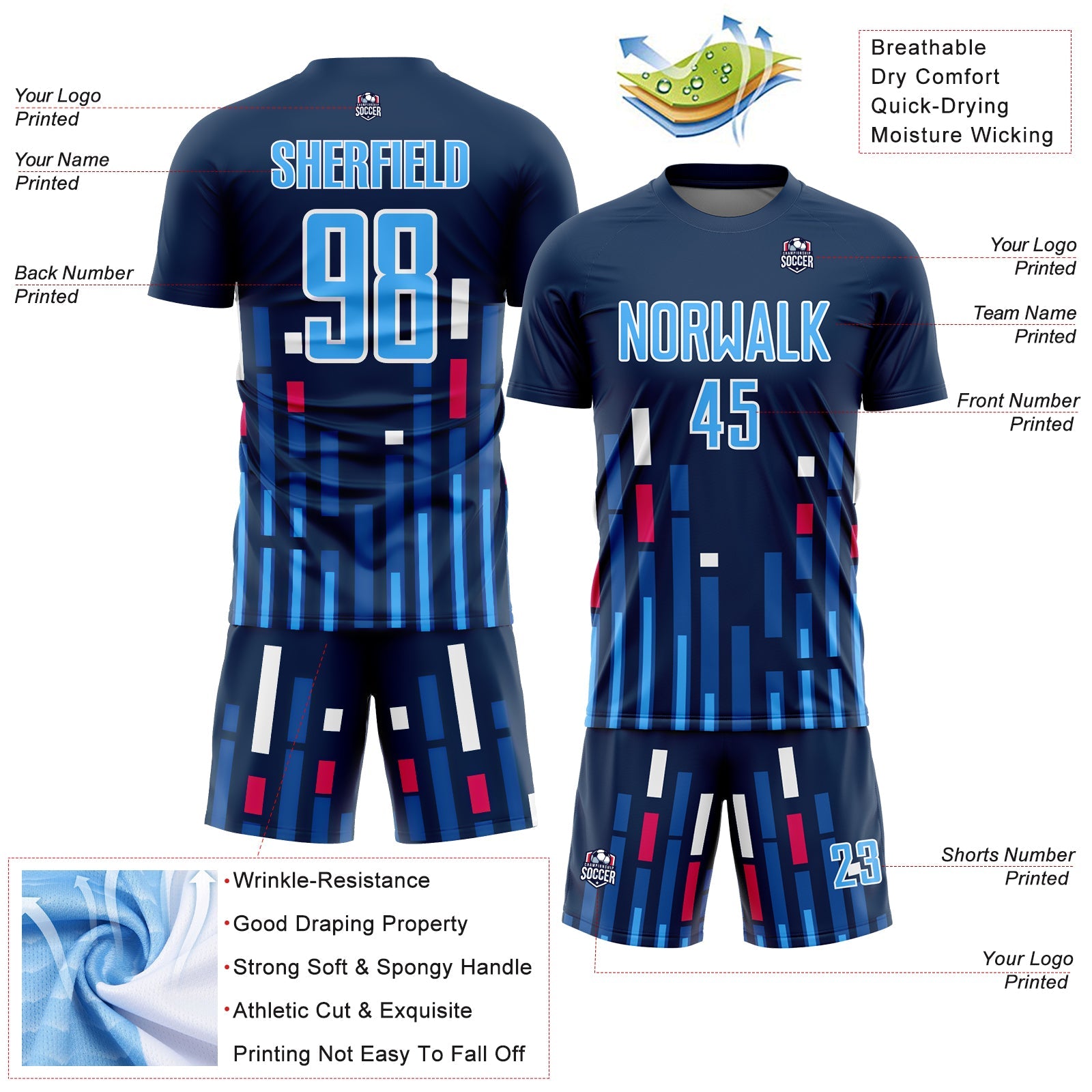 Custom US Navy Blue Sky Blue-White Lines Sublimation Soccer Uniform Jersey view 4