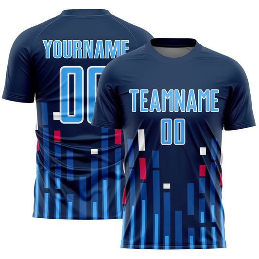 Custom US Navy Blue Sky Blue-White Lines Sublimation Soccer Uniform Jersey - Main View