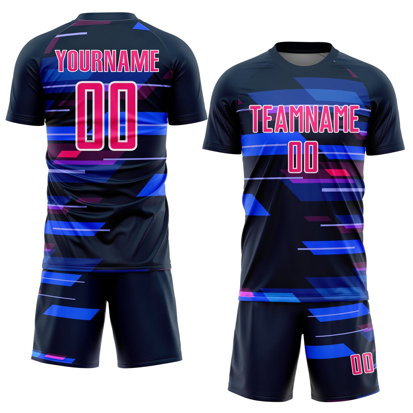 Custom Navy Pink-White Geometric Shapes Sublimation Soccer Uniform Jersey view 2