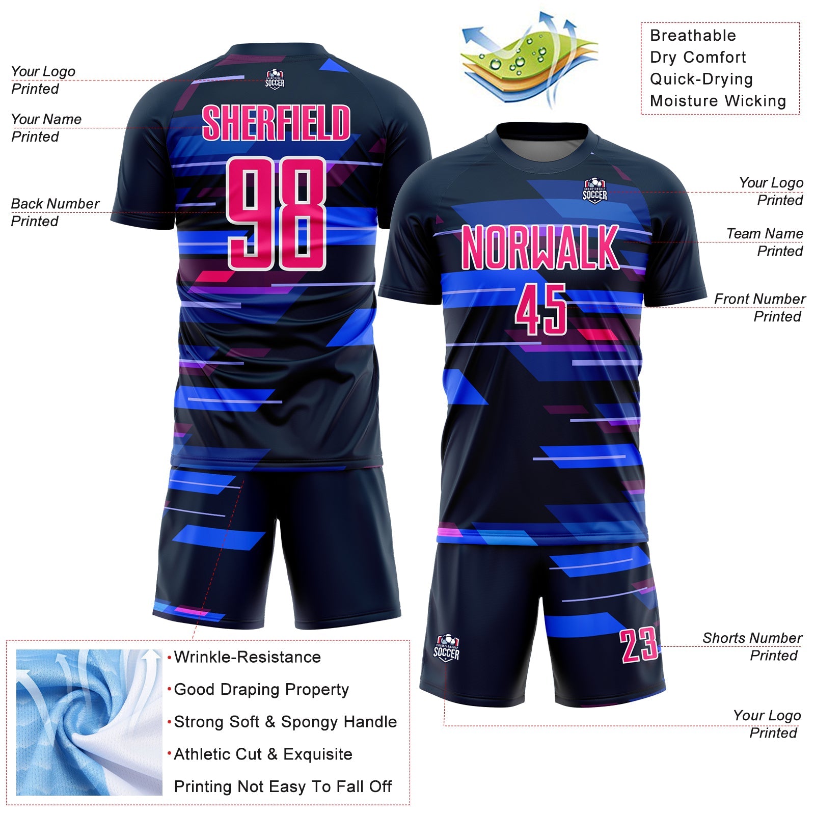 Custom Navy Pink-White Geometric Shapes Sublimation Soccer Uniform Jersey view 4
