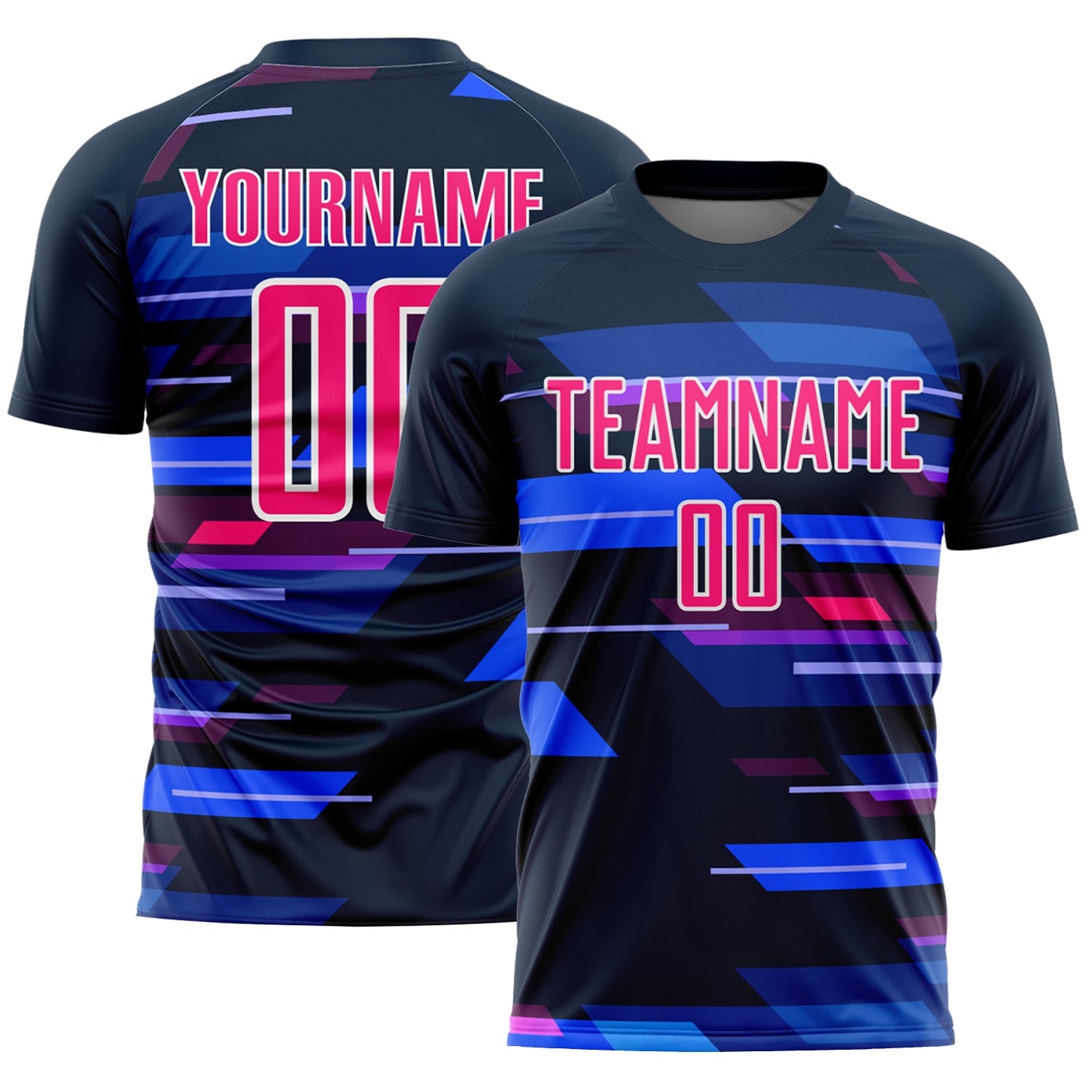 Custom Navy Pink-White Geometric Shapes Sublimation Soccer Uniform Jersey - Main View