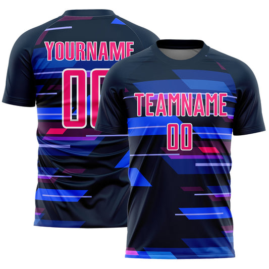 Custom Navy Pink-White Geometric Shapes Sublimation Soccer Uniform Jersey - Main View