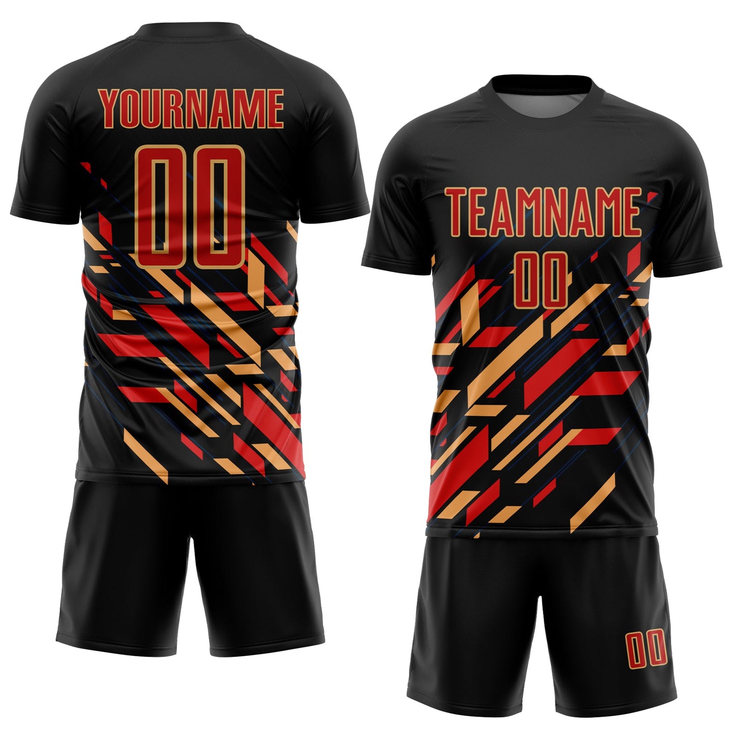 Custom Black Red-Old Gold Lines Sublimation Soccer Uniform Jersey view 2