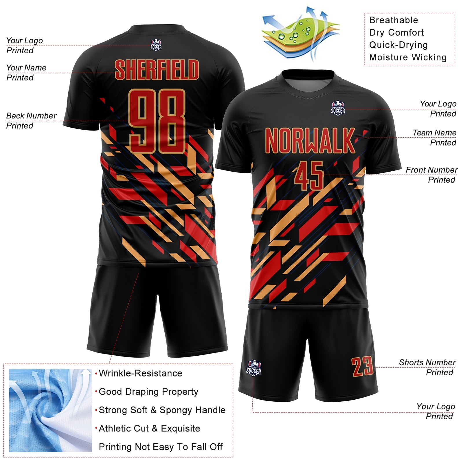 Custom Black Red-Old Gold Lines Sublimation Soccer Uniform Jersey view 4