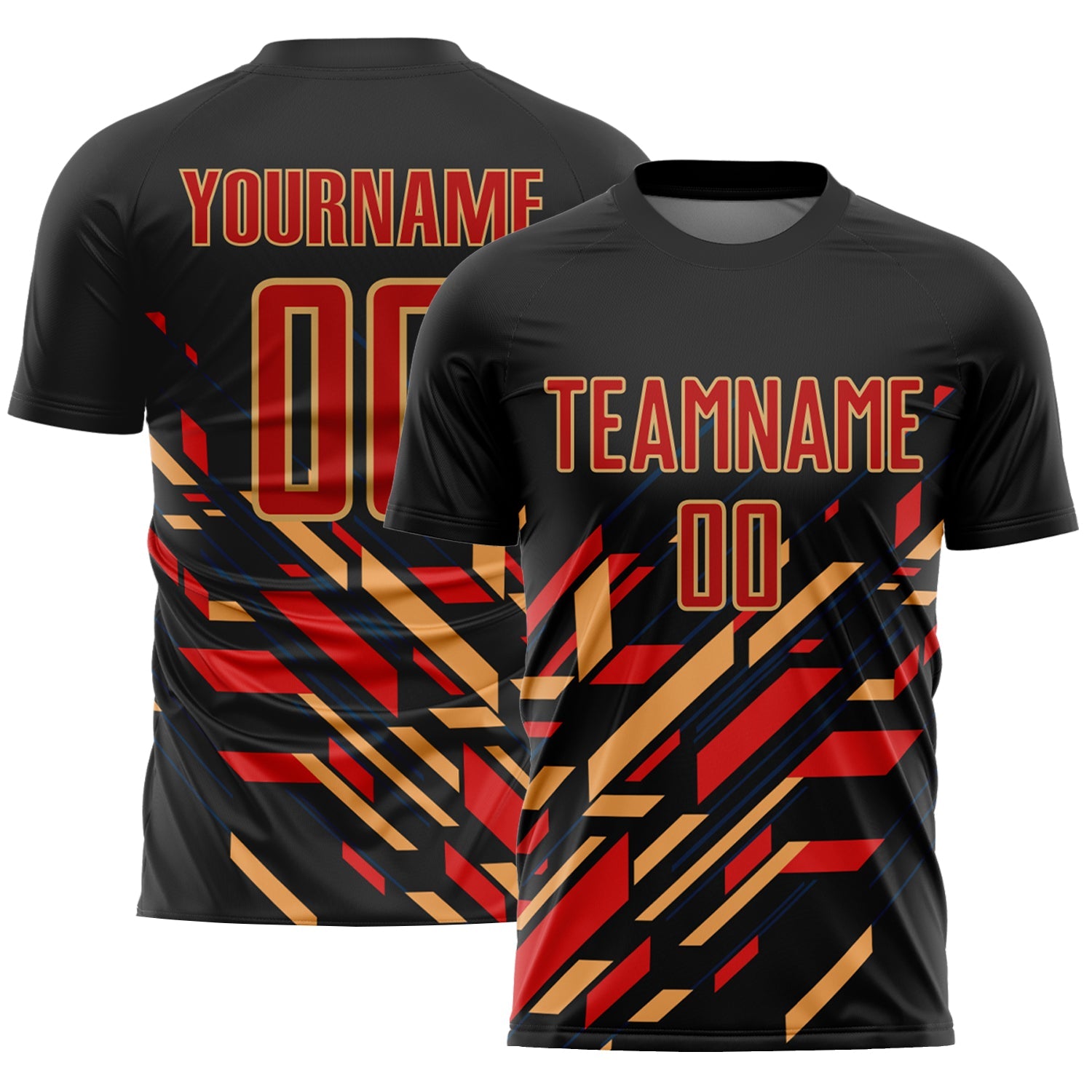 Custom Black Red-Old Gold Lines Sublimation Soccer Uniform Jersey - Main View
