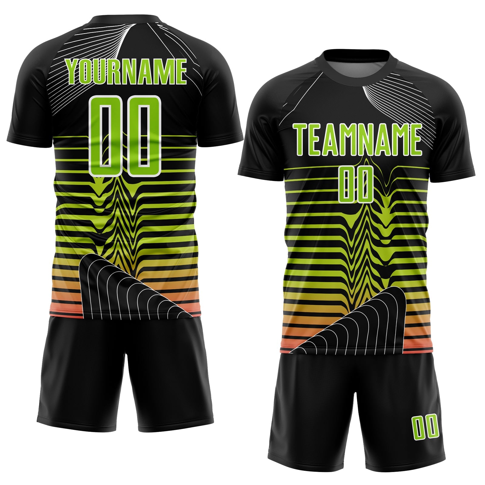 Custom Black Neon Green-White Lines Sublimation Soccer Uniform Jersey view 2