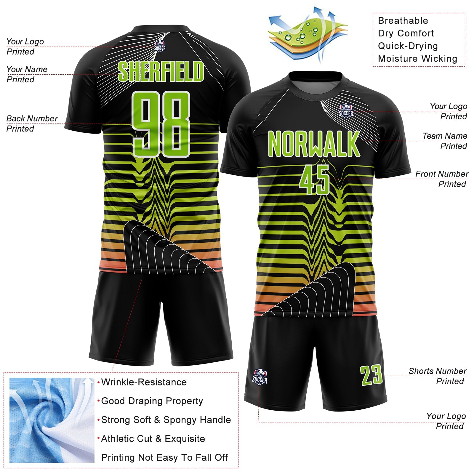 Custom Black Neon Green-White Lines Sublimation Soccer Uniform Jersey view 4