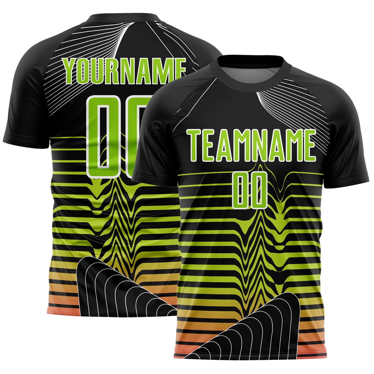 Custom Black Neon Green-White Lines Sublimation Soccer Uniform Jersey - Main View