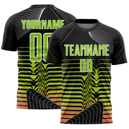 Custom Black Neon Green-White Lines Sublimation Soccer Uniform Jersey - Main View