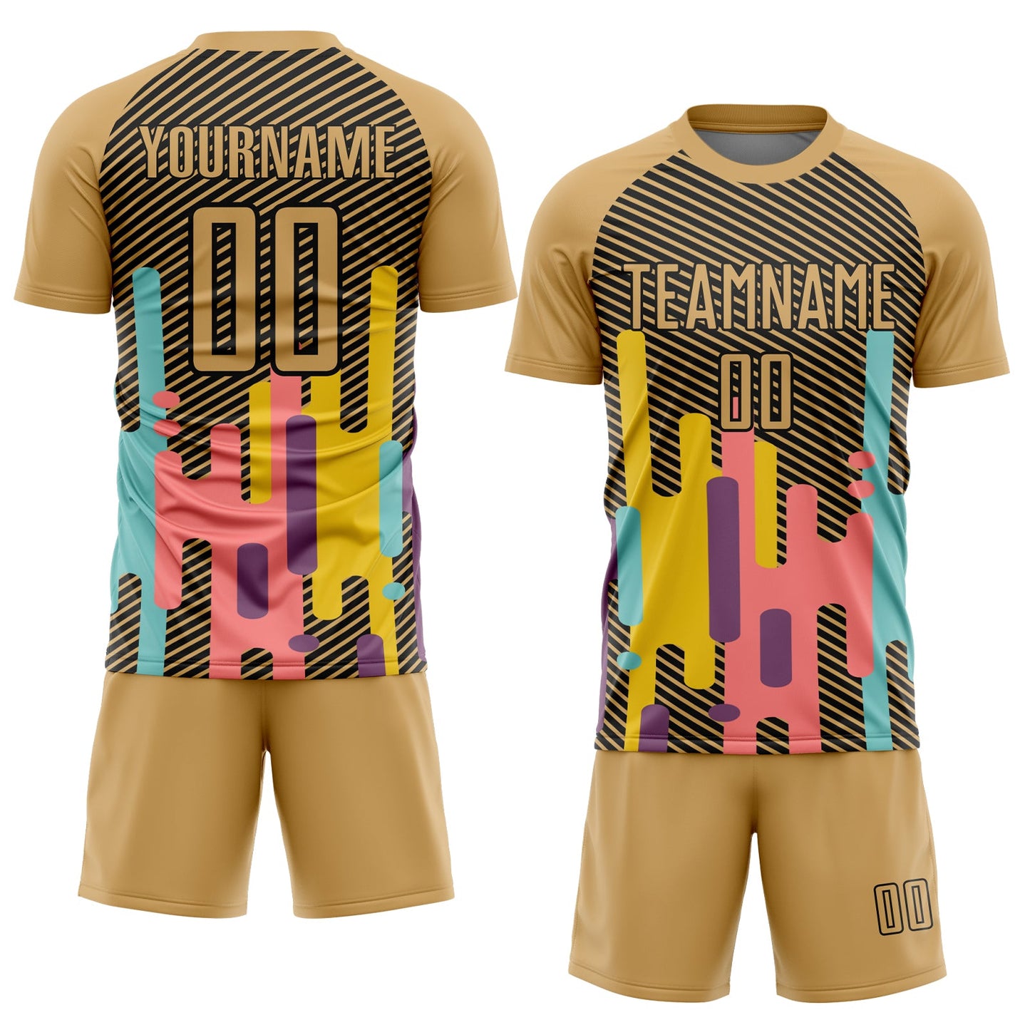 Custom Old Gold Black Lines Sublimation Soccer Uniform Jersey view 2