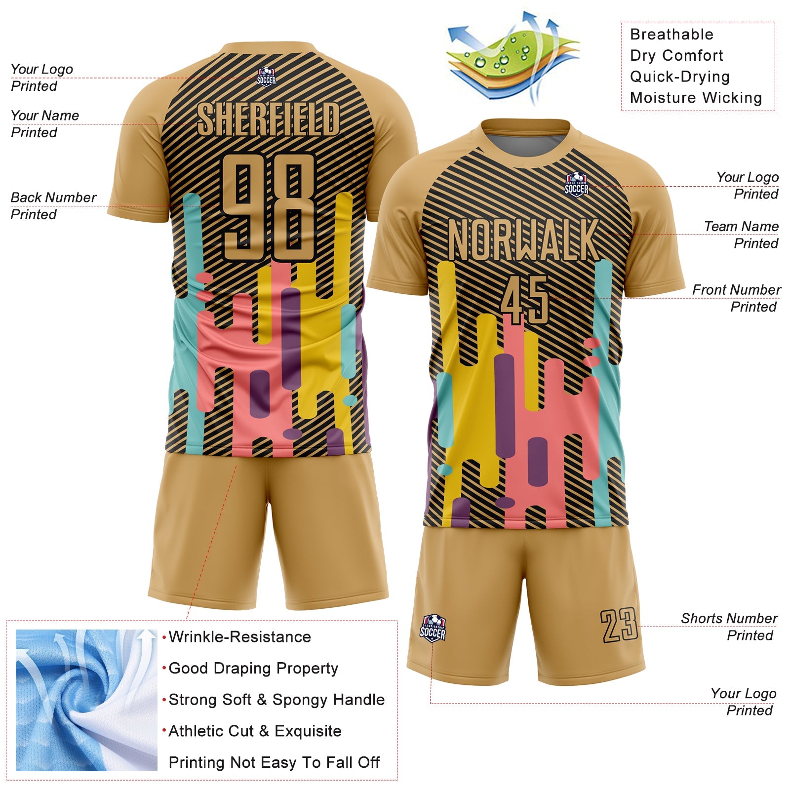 Custom Old Gold Black Lines Sublimation Soccer Uniform Jersey view 4