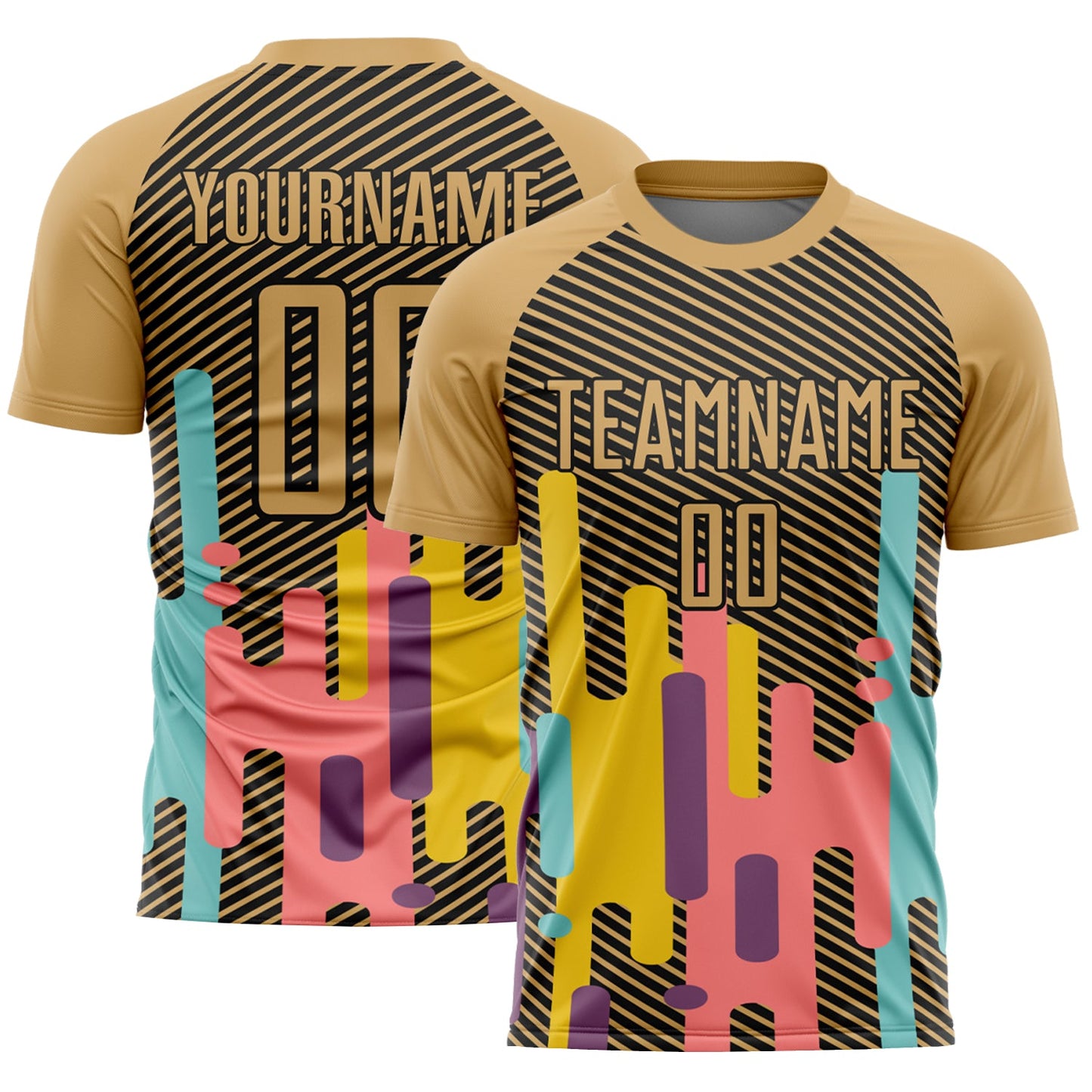 Custom Old Gold Black Lines Sublimation Soccer Uniform Jersey - Main View