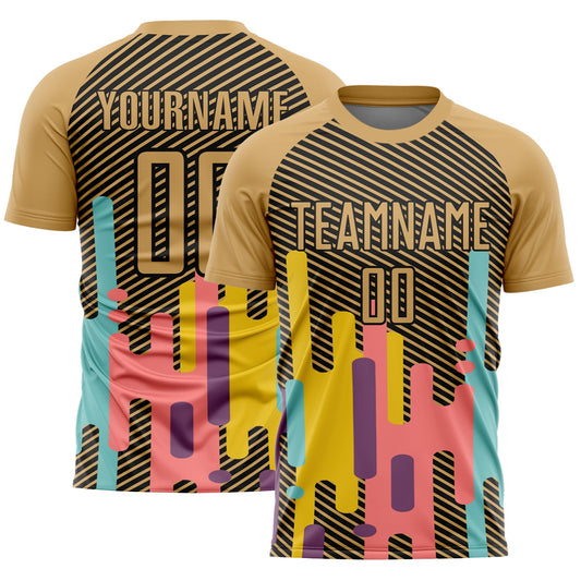 Custom Old Gold Black Lines Sublimation Soccer Uniform Jersey - Main View