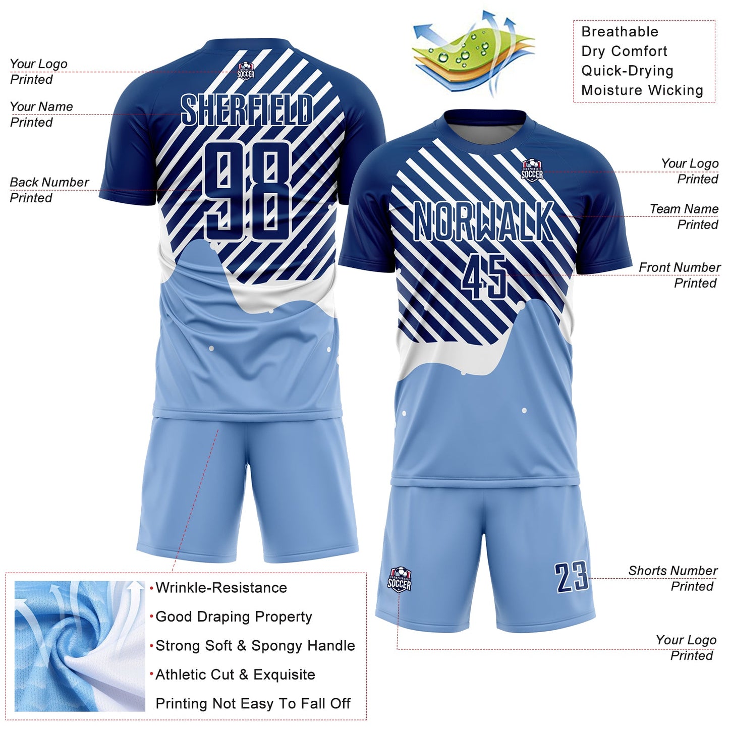 Custom Light Blue Royal-White Lines Sublimation Soccer Uniform Jersey view 4