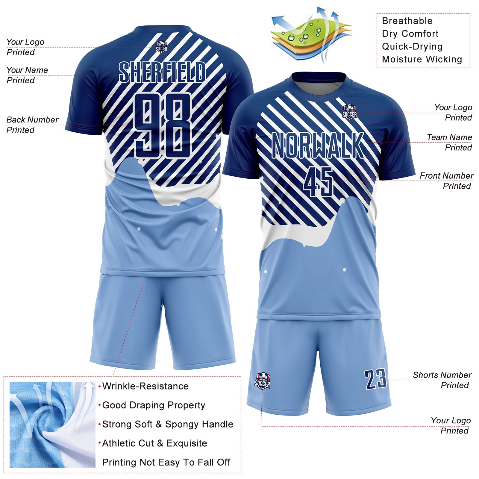 Custom Light Blue Royal-White Lines Sublimation Soccer Uniform Jersey view 4