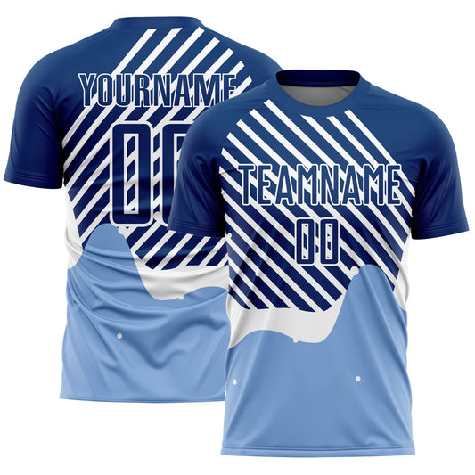 Custom Light Blue Royal-White Lines Sublimation Soccer Uniform Jersey - Main View
