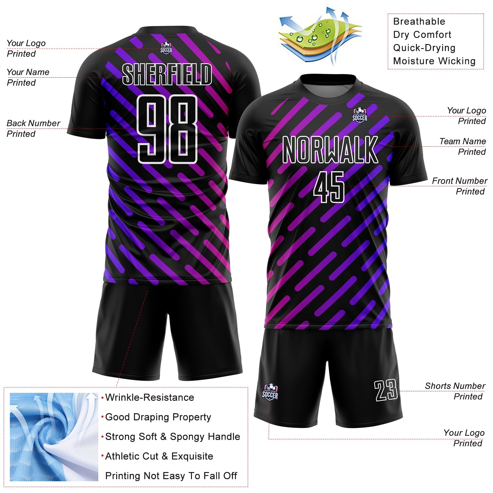 Custom Black Purple-Pink Lines Sublimation Soccer Uniform Jersey view 4