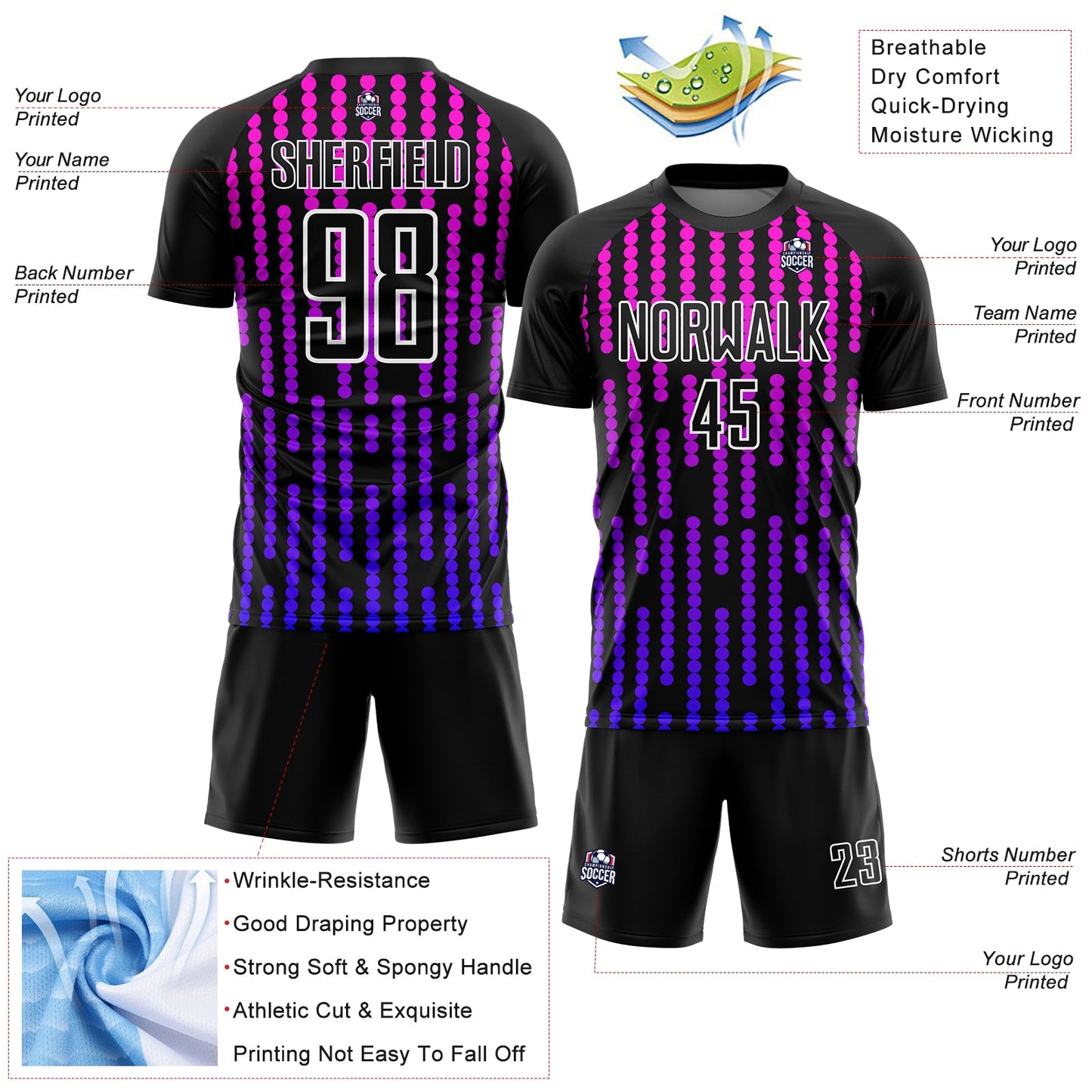 Custom Black Purple-Pink Lines Sublimation Soccer Uniform Jersey view 4