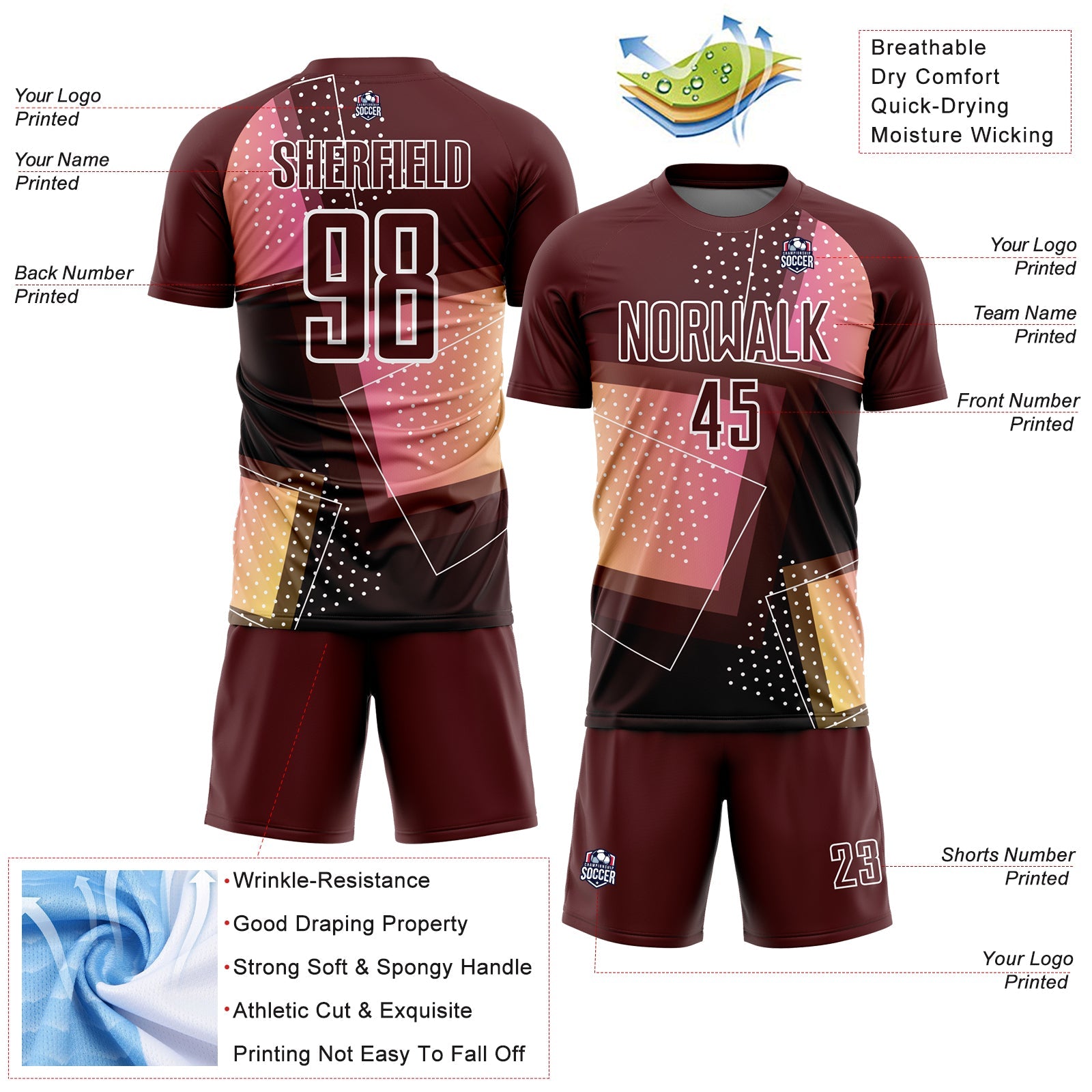 Custom Crimson White Geometric Shapes Sublimation Soccer Uniform Jersey view 4