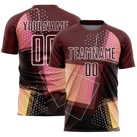 Custom Crimson White Geometric Shapes Sublimation Soccer Uniform Jersey - Main View