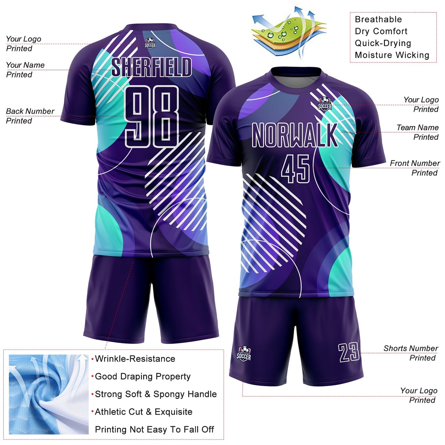 Custom Dark Purple White Geometric Shapes Sublimation Soccer Uniform Jersey view 4
