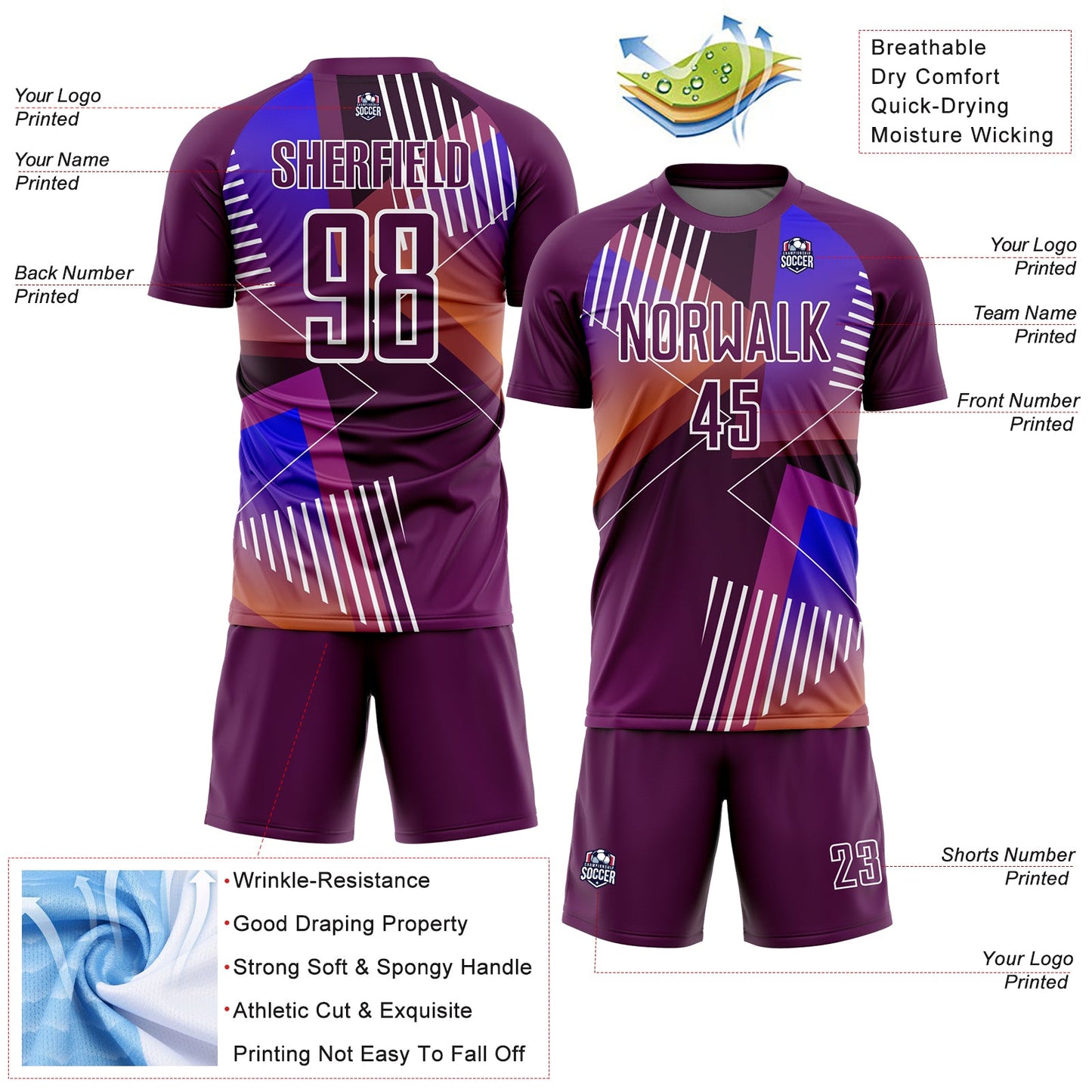 Custom Purple White Geometric Shapes Sublimation Soccer Uniform Jersey view 4