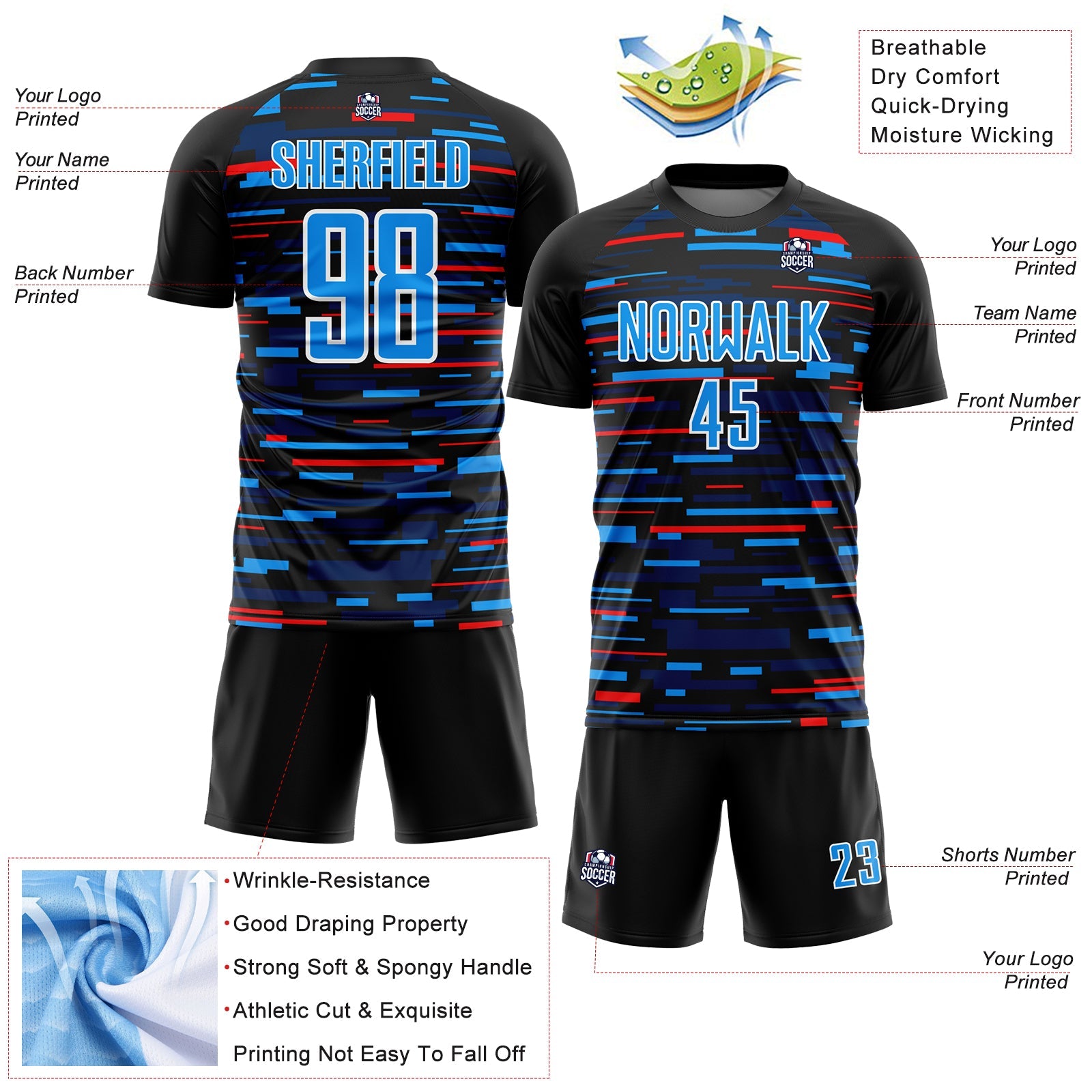 Custom Black Sky Blue-White Lines Sublimation Soccer Uniform Jersey view 4