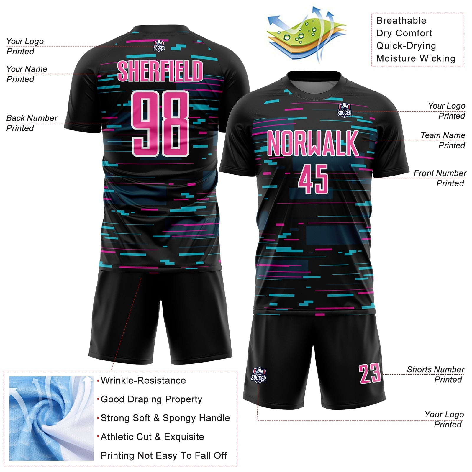 Custom Black Pink-White Lines Sublimation Soccer Uniform Jersey view 4