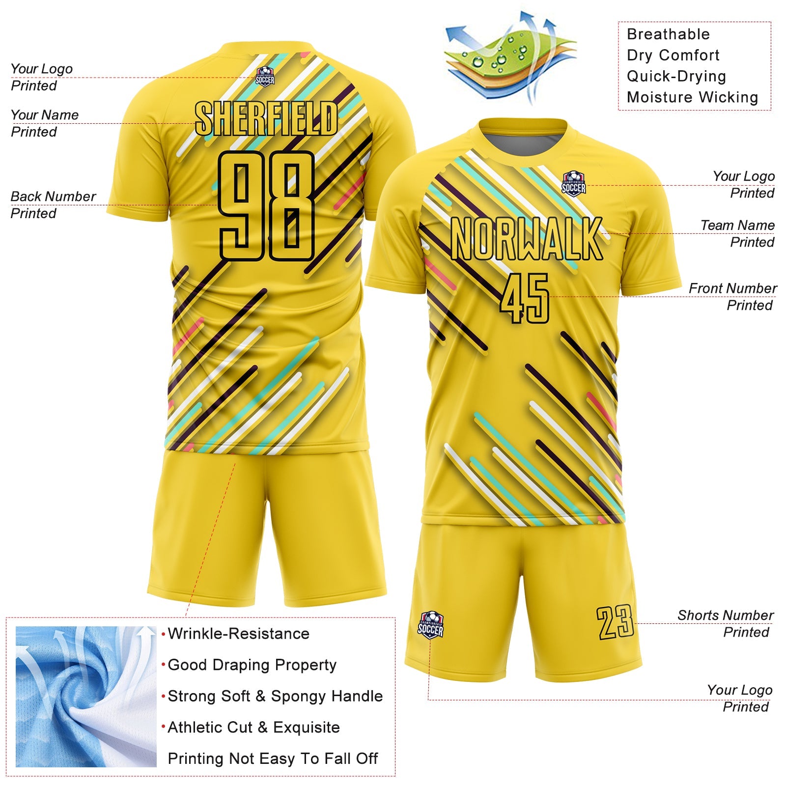 Custom Yellow Black Lines Sublimation Soccer Uniform Jersey view 4
