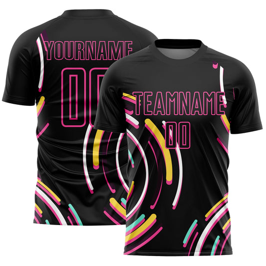 Custom Black Pink Lines Sublimation Soccer Uniform Jersey - Main View