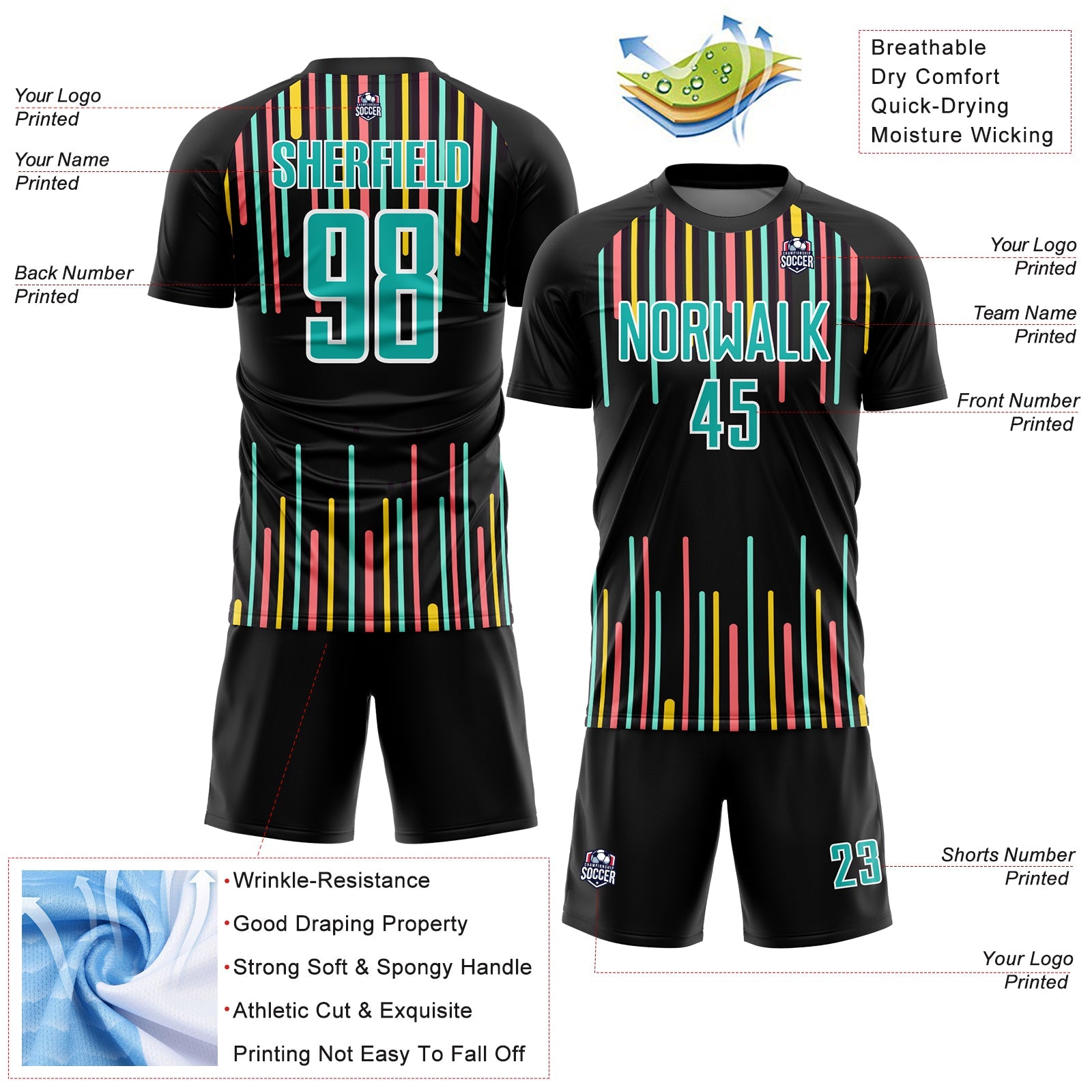 Custom Black Aqua-White Lines Sublimation Soccer Uniform Jersey view 4