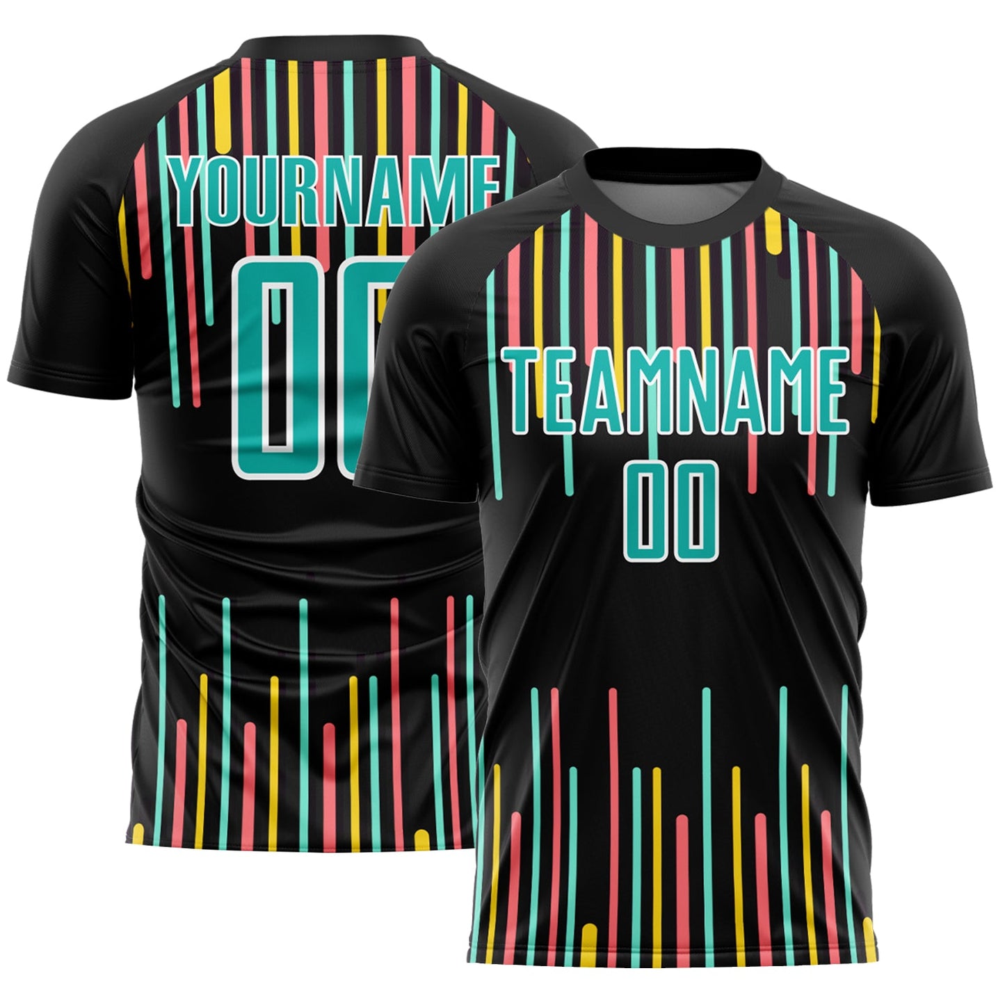 Custom Black Aqua-White Lines Sublimation Soccer Uniform Jersey - Main View
