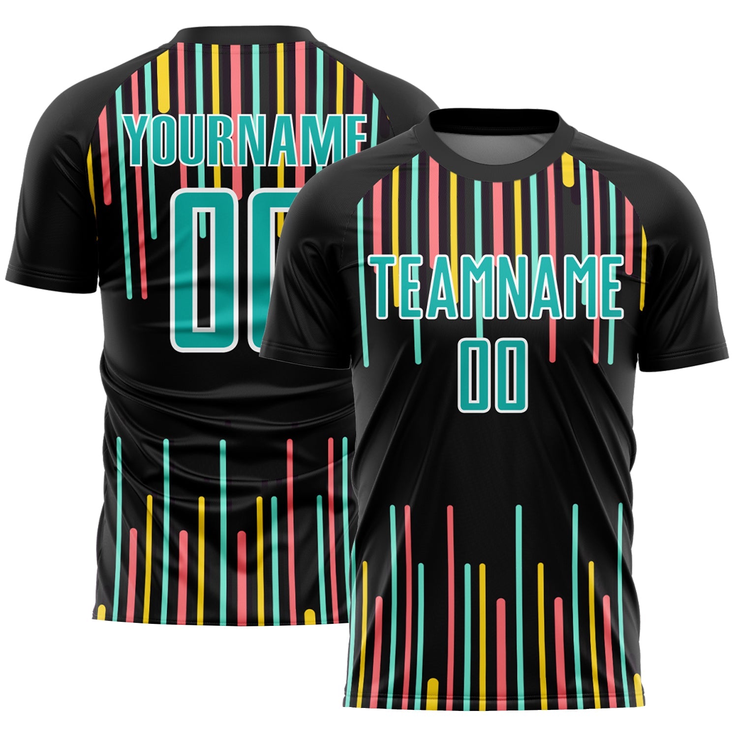 Custom Black Aqua-White Lines Sublimation Soccer Uniform Jersey - Main View