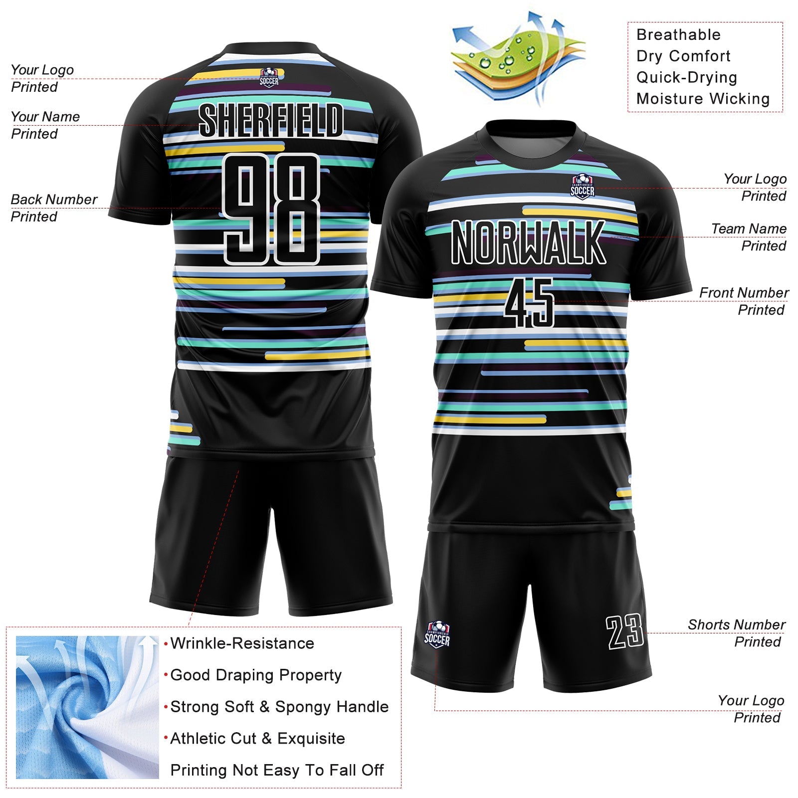 Custom Black White Lines Sublimation Soccer Uniform Jersey view 4