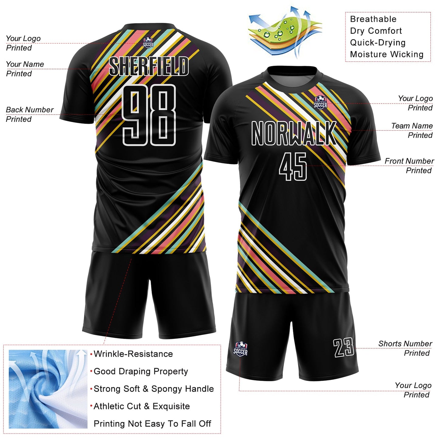 Custom Black White Lines Sublimation Soccer Uniform Jersey view 4