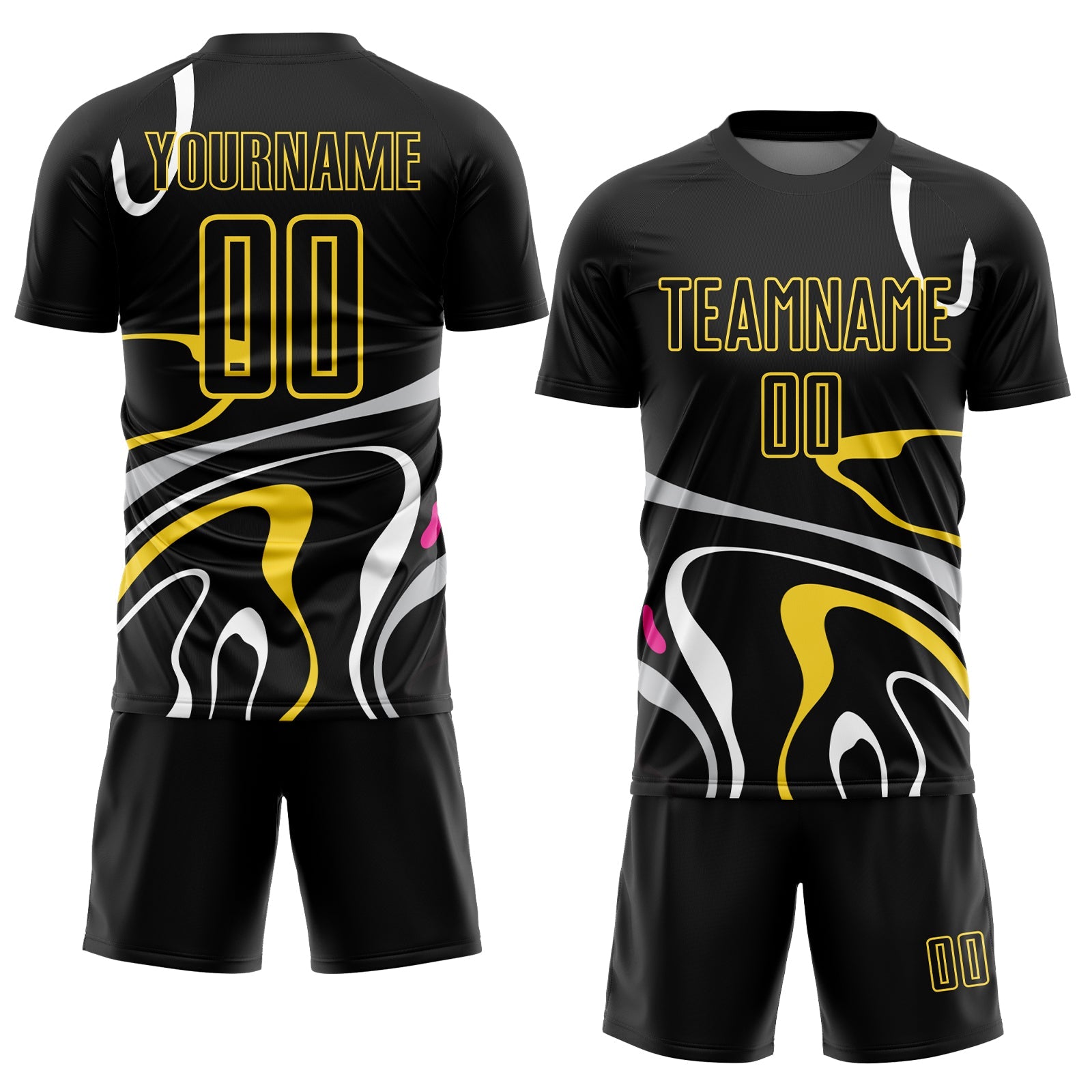 Custom Black Gold Fluid Shapes Sublimation Soccer Uniform Jersey view 2