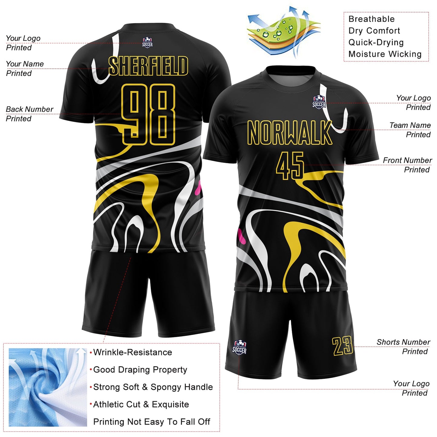 Custom Black Gold Fluid Shapes Sublimation Soccer Uniform Jersey view 4