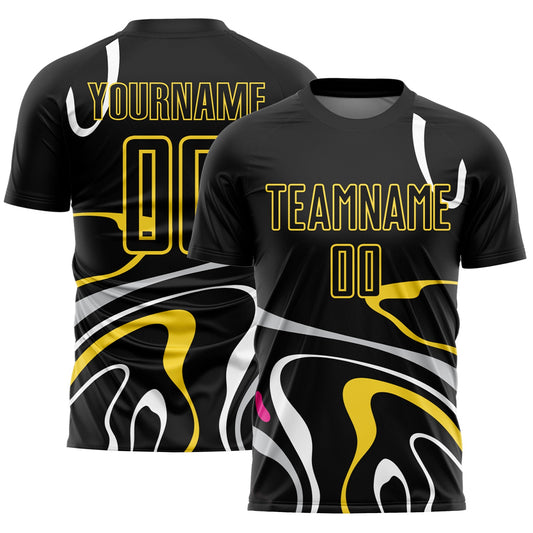 Custom Black Gold Fluid Shapes Sublimation Soccer Uniform Jersey - Main View