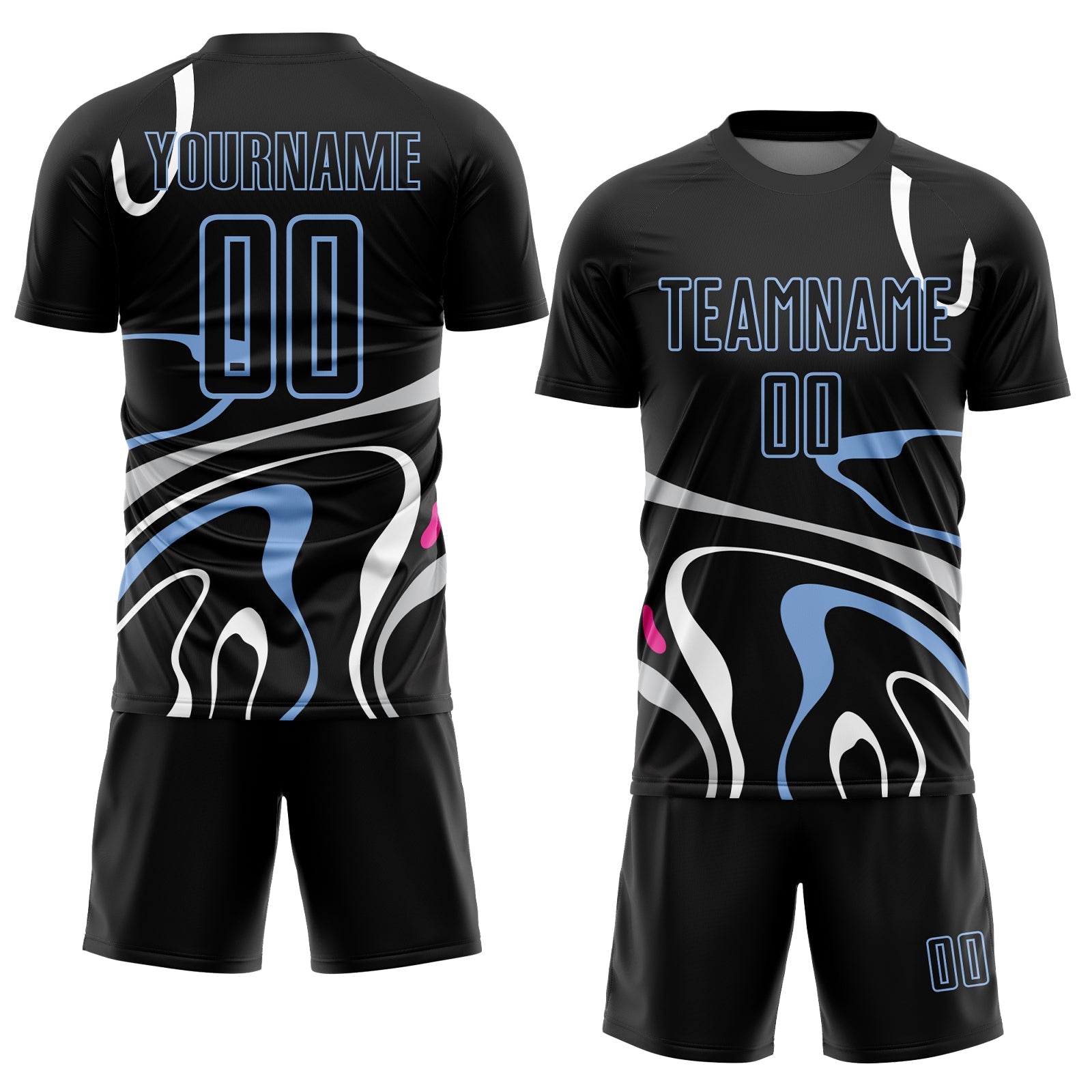 Custom Black Light Blue Fluid Shapes Sublimation Soccer Uniform Jersey view 2