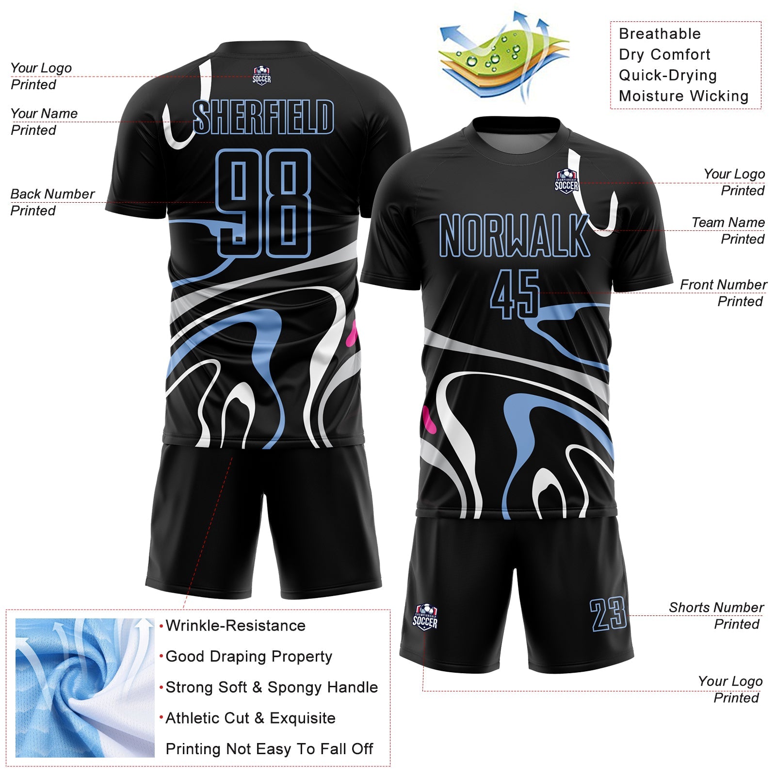 Custom Black Light Blue Fluid Shapes Sublimation Soccer Uniform Jersey view 4