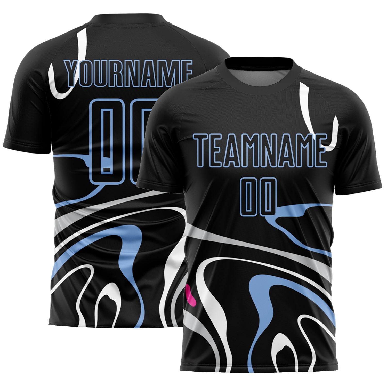 Custom Black Light Blue Fluid Shapes Sublimation Soccer Uniform Jersey - Main View