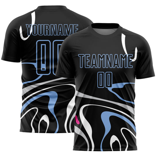 Custom Black Light Blue Fluid Shapes Sublimation Soccer Uniform Jersey - Main View
