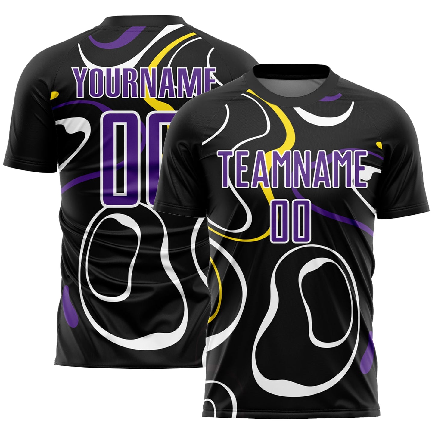 Custom Black Purple-White Fluid Shapes Sublimation Soccer Uniform Jersey - Main View
