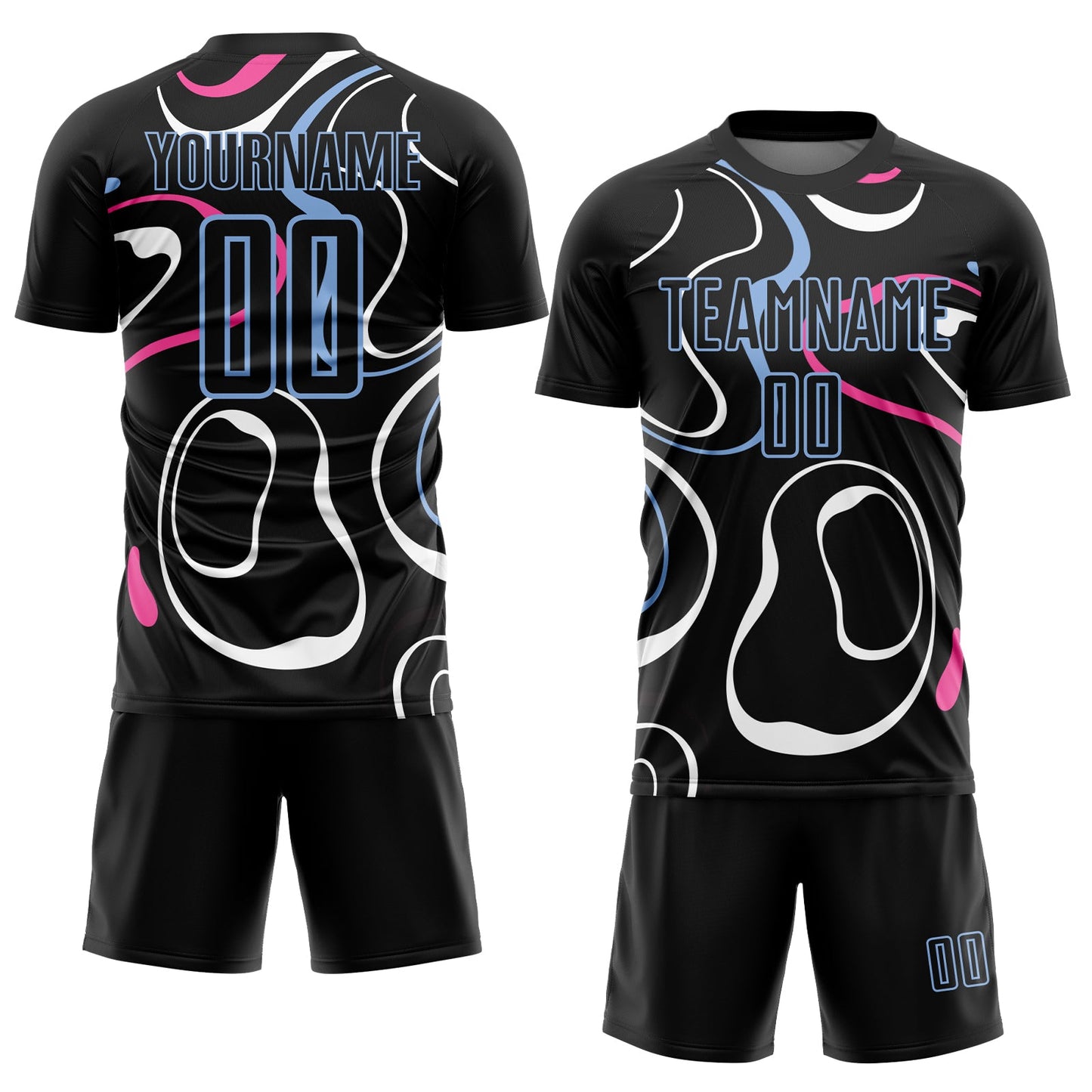 Custom Black Light Blue Fluid Shapes Sublimation Soccer Uniform Jersey view 2