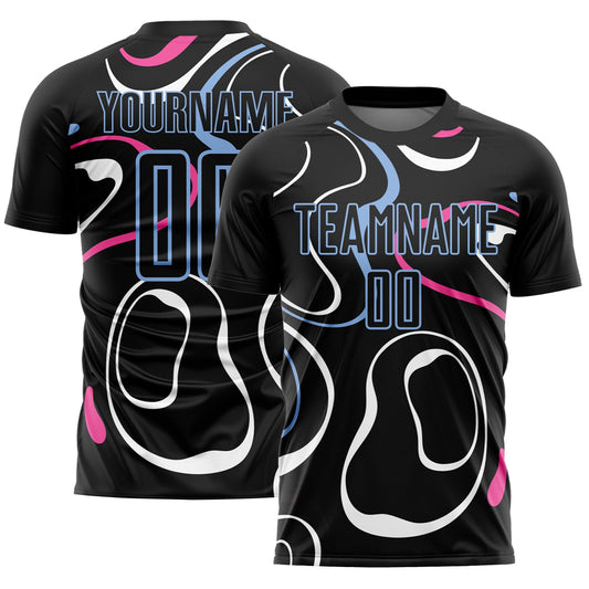 Custom Black Light Blue Fluid Shapes Sublimation Soccer Uniform Jersey - Main View