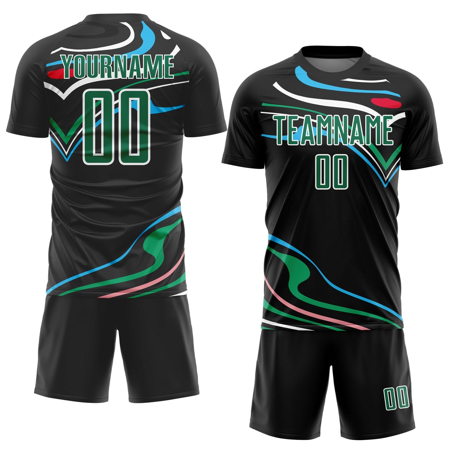 Custom Black Kelly Green-White Fluid Shapes Sublimation Soccer Uniform Jersey view 2