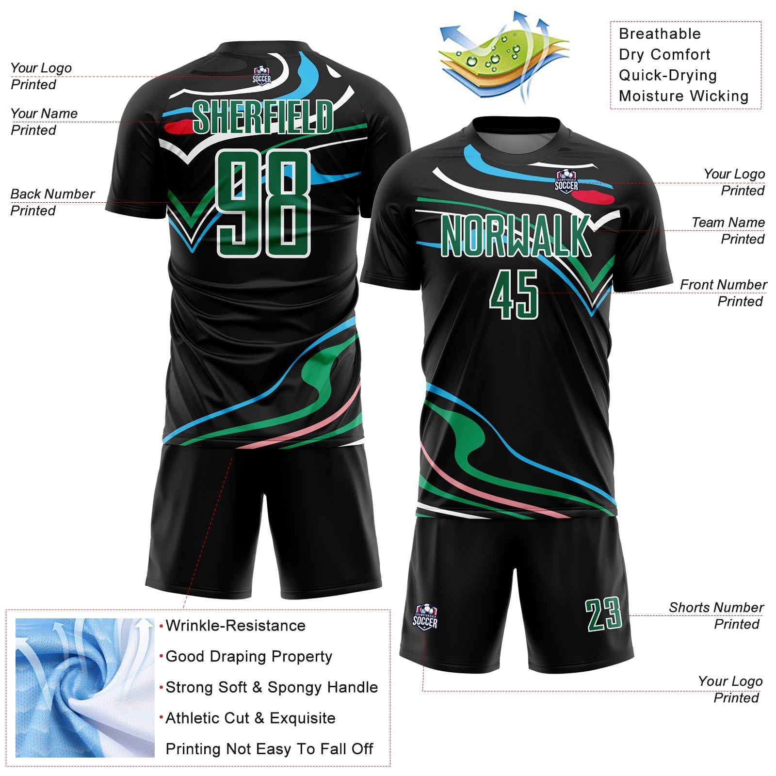 Custom Black Kelly Green-White Fluid Shapes Sublimation Soccer Uniform Jersey view 4