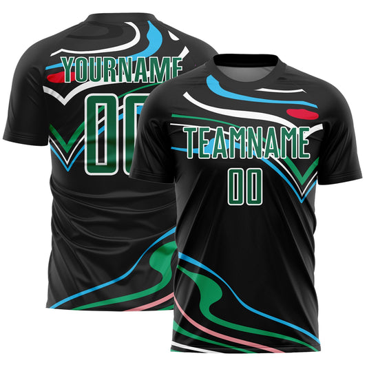 Custom Black Kelly Green-White Fluid Shapes Sublimation Soccer Uniform Jersey - Main View