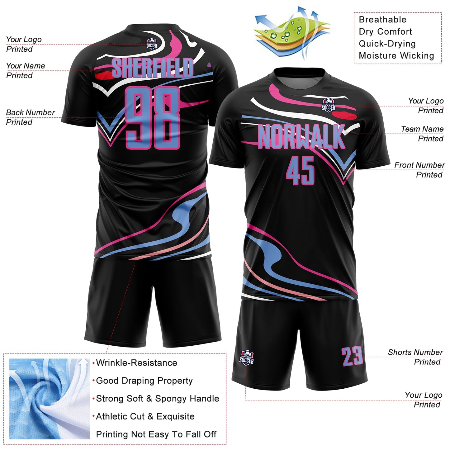 Custom Black Light Blue-Pink Fluid Shapes Sublimation Soccer Uniform Jersey view 4