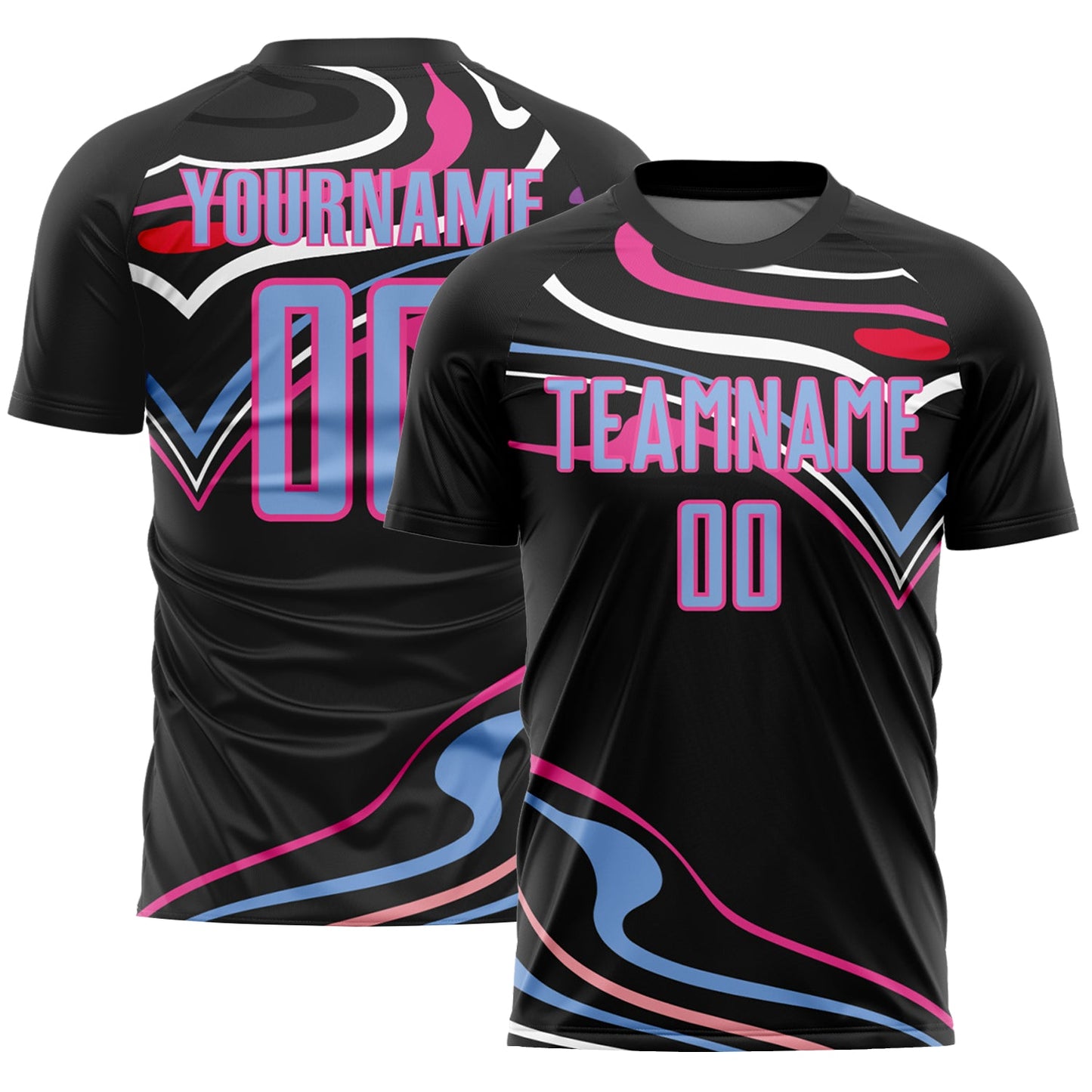 Custom Black Light Blue-Pink Fluid Shapes Sublimation Soccer Uniform Jersey - Main View
